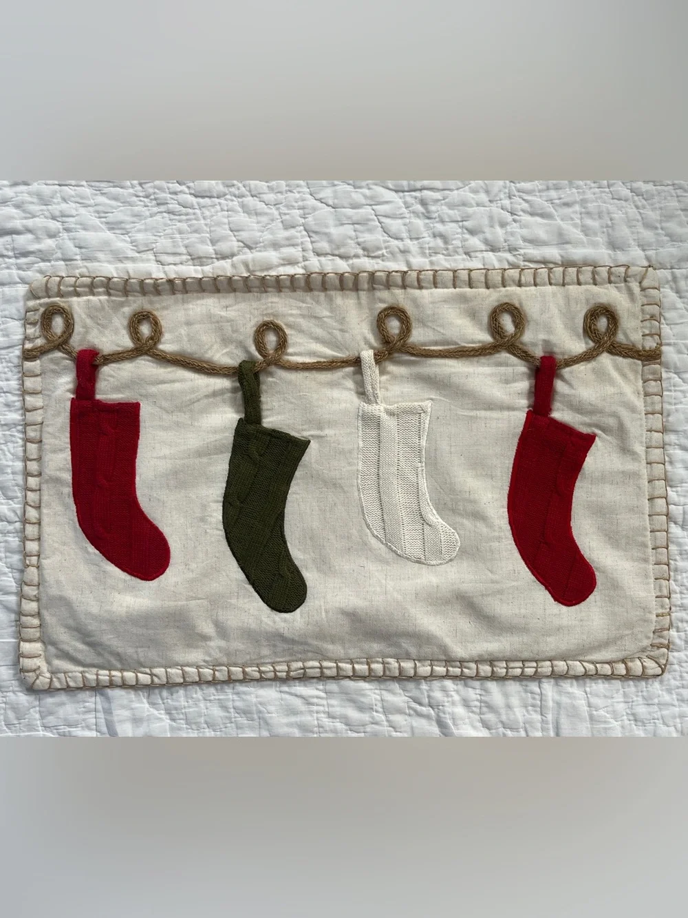 Pier 1 Imports Christmas Stocking Lumbar Pillow Cover 14x22 Appliqué Beige Rope